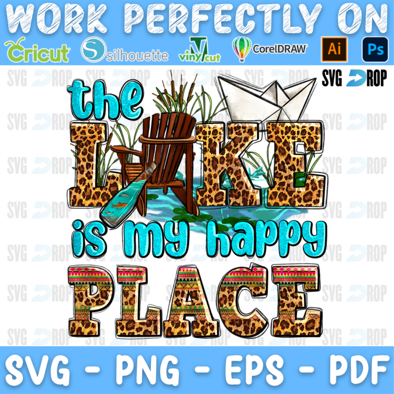 The Lake is My Happy Place lettering in turquoise and leopard letters with an Adirondack chair, a paper boat and reeds. Sublimation PNG
