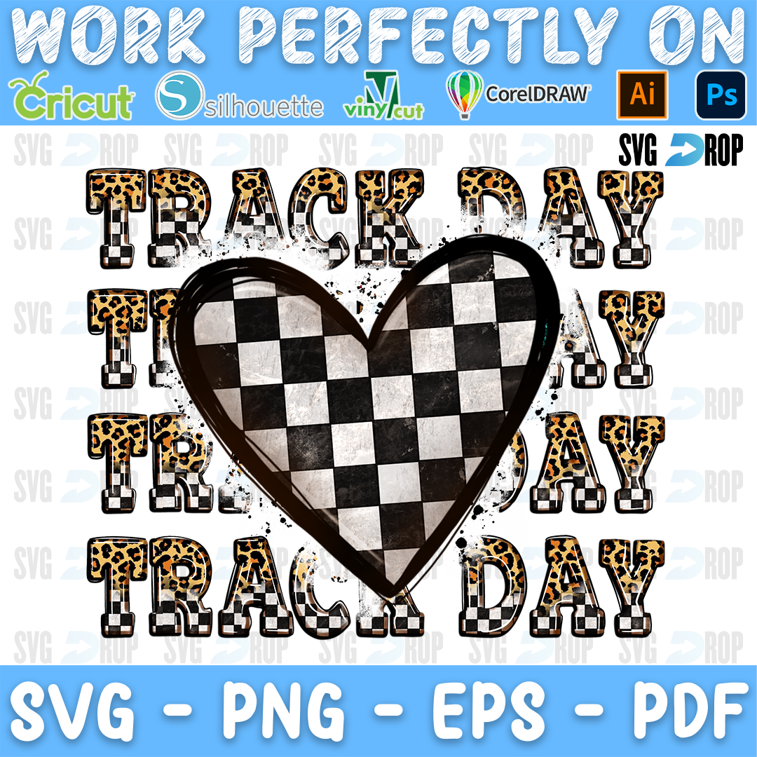 A racing design with Track Day repeated in leopard print block letters behind a black and white checkered flag heart. Sublimation PNG