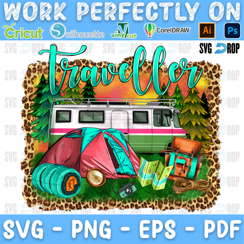 Traveller lettering in turquoise script over a camper van, a pink tent and a campfire with a leopard border. Sublimation PNG