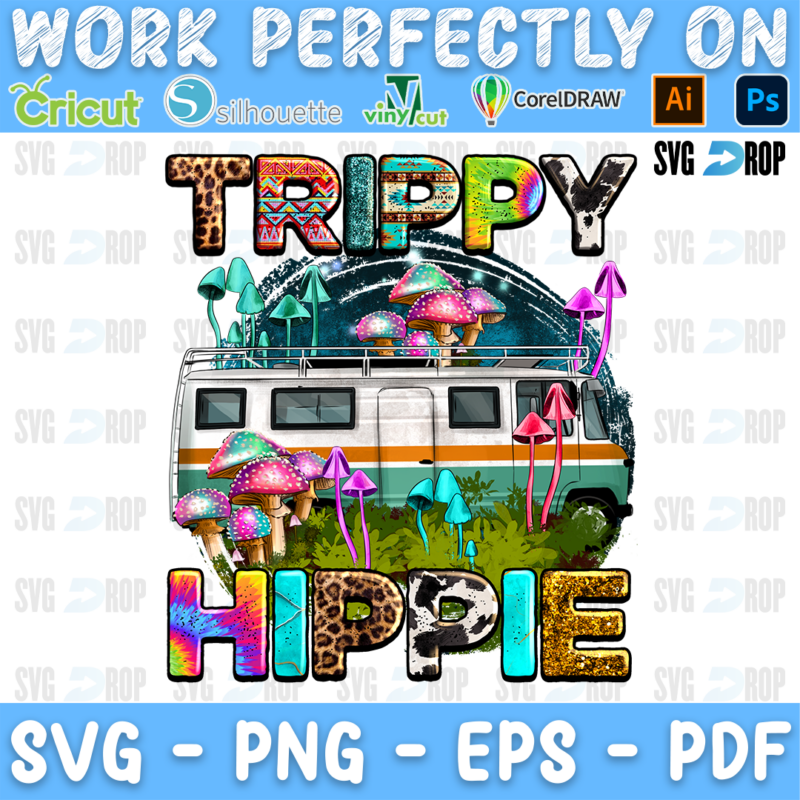 Trippy Hippie lettering in leopard, rainbow and cowhide letters with a retro camper van and colorful mushrooms. Sublimation PNG
