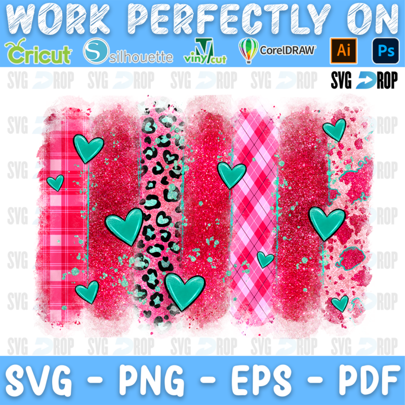 Pink plaid, pink glitter and leopard brushstroke stripes with turquoise hearts. Sublimation PNG