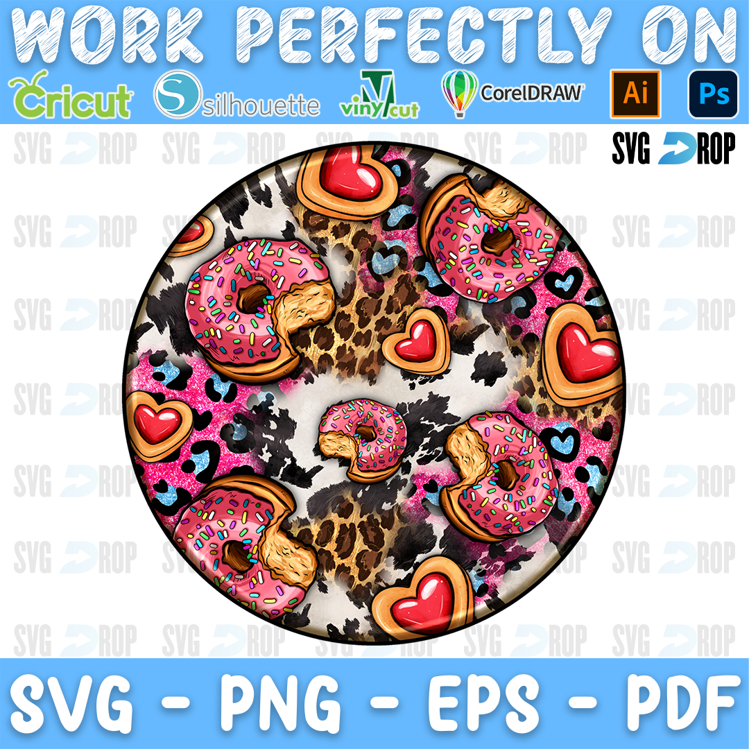 A round Valentine’s car coaster design: pink sprinkled donuts and heart cookies over a cowhide and pink leopard background. Sublimation PNG