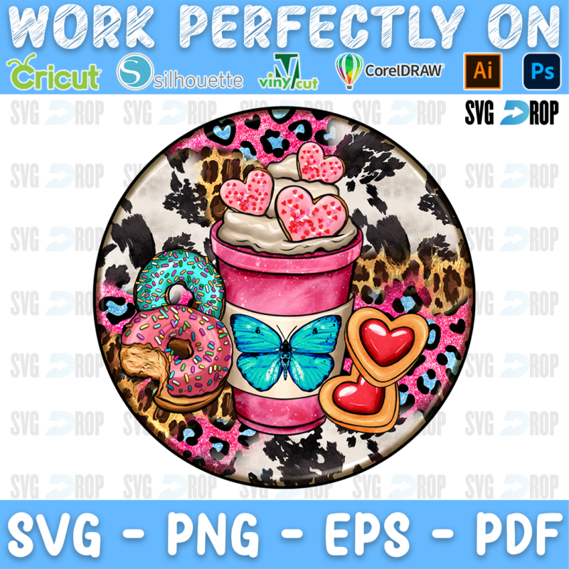 A round Valentine’s car coaster design: a pink latte cup with a teal butterfly, heart cookies and donuts over cowhide and pink. Sublimation PNG