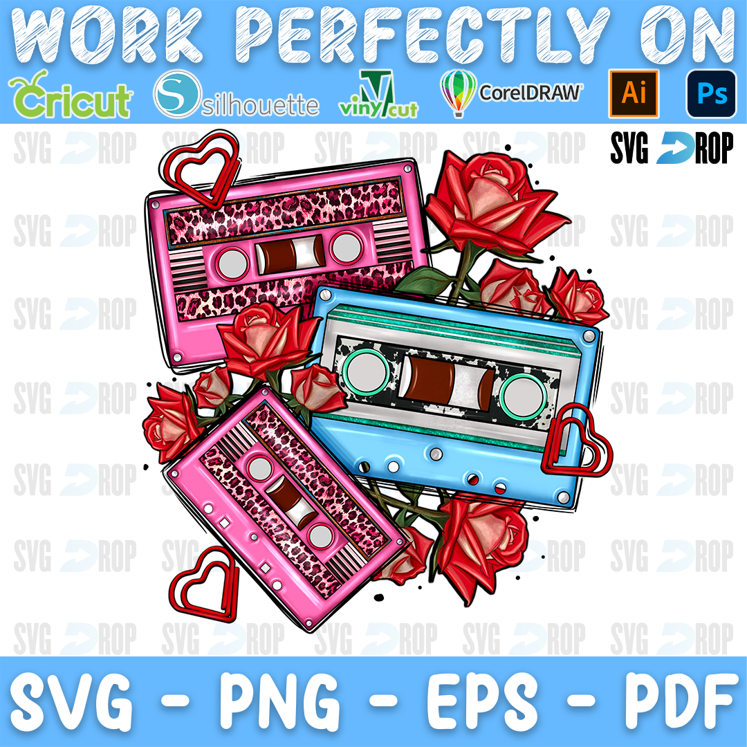 Pink and blue cassette tapes with heart and leopard labels among red roses. Sublimation PNG