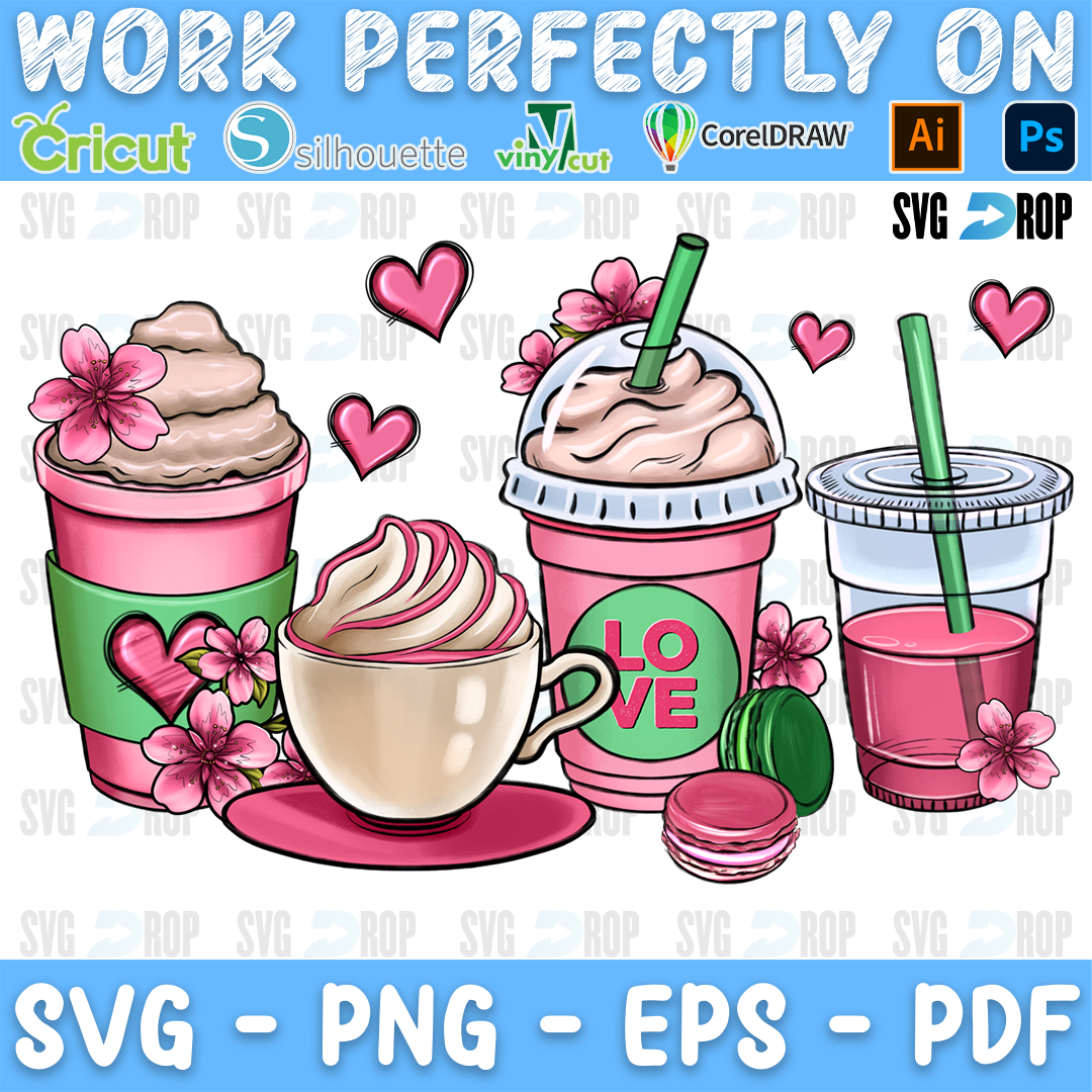 A Valentine’s coffee sublimation design: a row of pink iced and hot coffee drinks with whipped cream, pink flowers, a macaron. Sublimation PNG