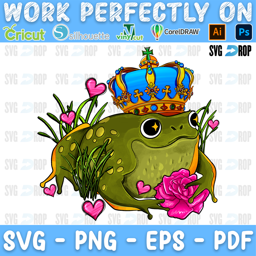 A frog prince wearing a blue and gold crown with pink roses and hearts. Sublimation PNG