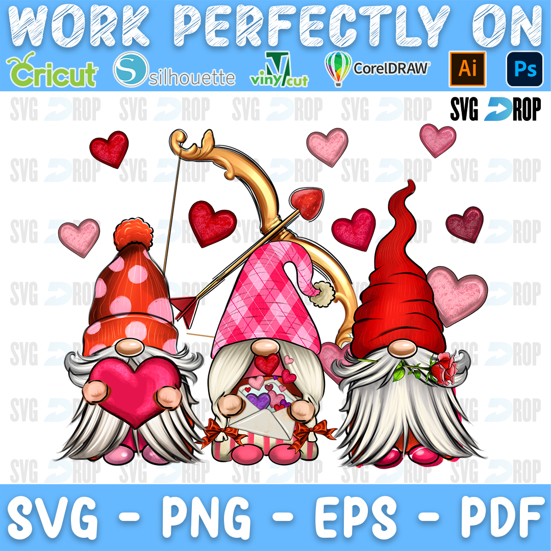 Three Valentine gnomes in red and pink plaid hats with a bow and arrow and hearts. Sublimation PNG