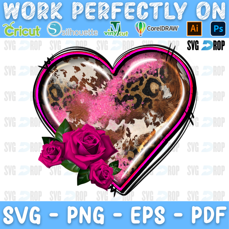 A heart with leopard print and cowhide inside a pink frame with a pink rose. Sublimation PNG