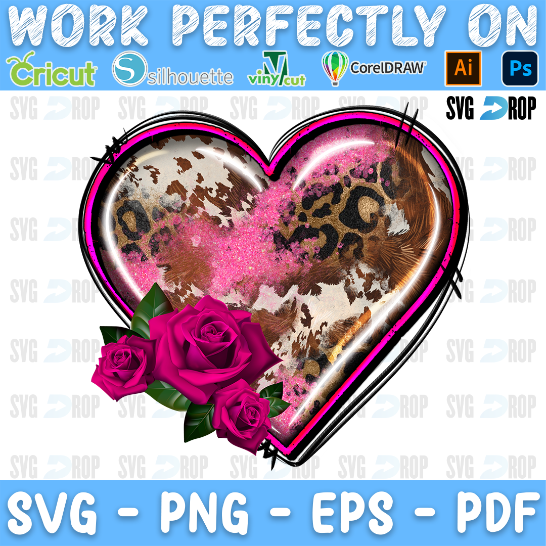 A heart with leopard print and cowhide inside a pink frame with a pink rose. Sublimation PNG