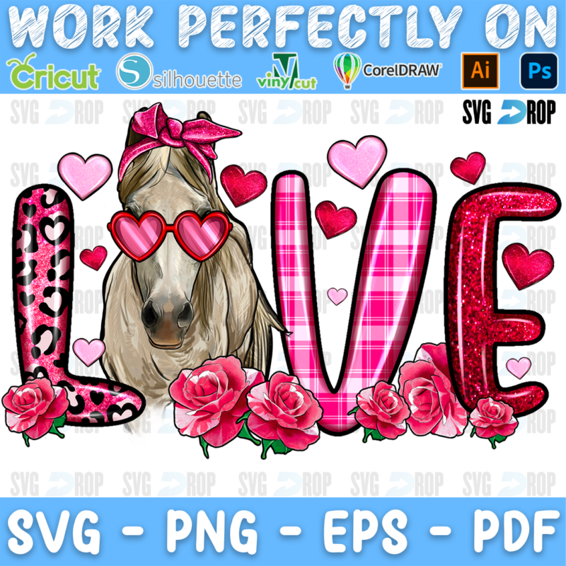 LOVE in pink leopard, plaid and red glitter letters with a horse in pink heart sunglasses and a bandana among pink roses. Sublimation PNG