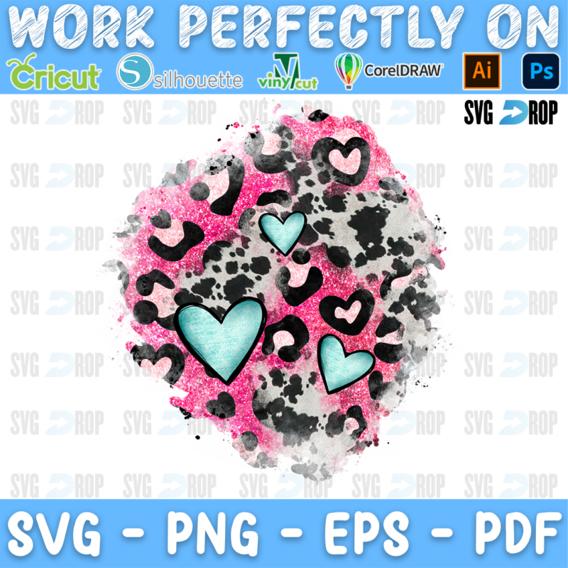 Valentines Day Pink Leopard Cowhide Heart Patches Square Glitter PNG