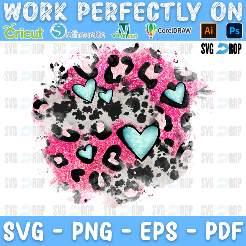 A Valentine’s Day patch background in a rounded shape: pink glitter leopard print, black cowhide spots and turquoise hearts spread. Sublimation PNG