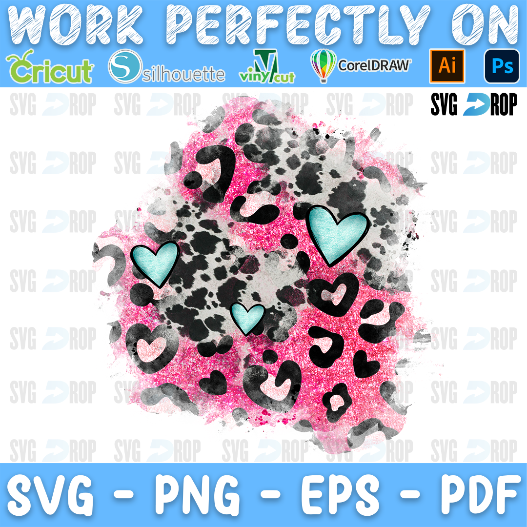 Valentines Day Pink Leopard Cowhide Heart Patches Diagonal Glitter PNG