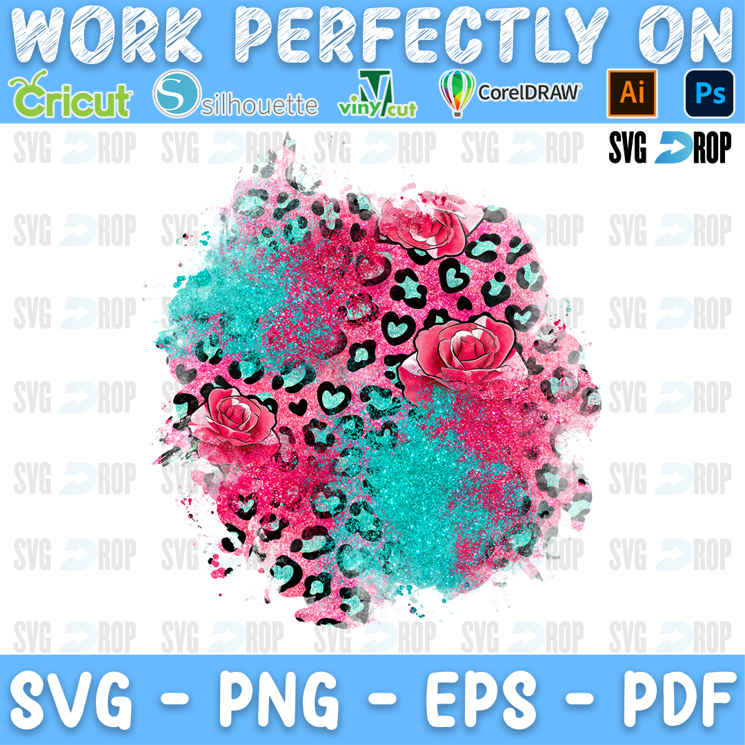 Valentines Day Pink Leopard Heart Patches Turquoise Glitter Splash PNG