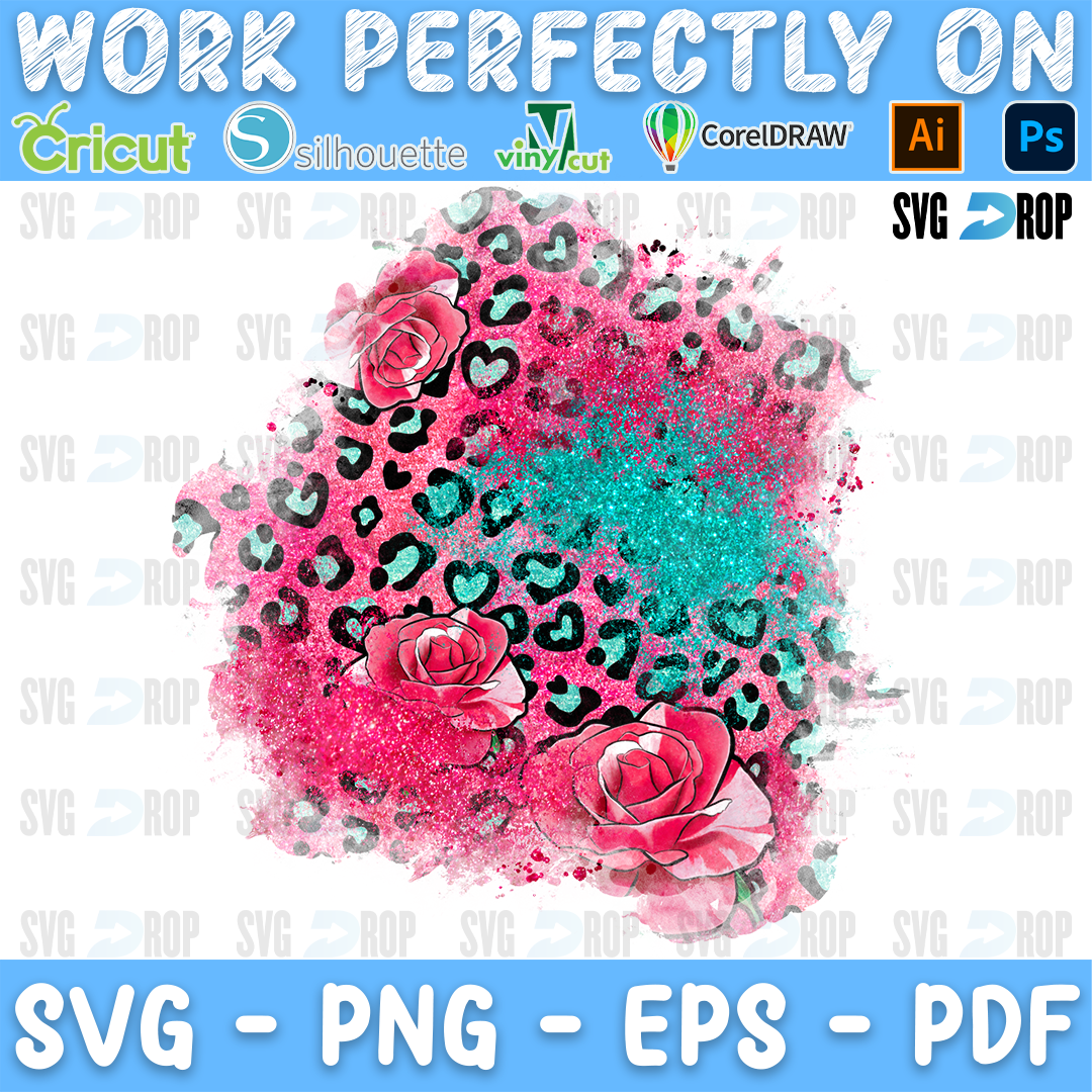 Valentines Day Pink Leopard Heart Patches Pink Rose Cluster PNG