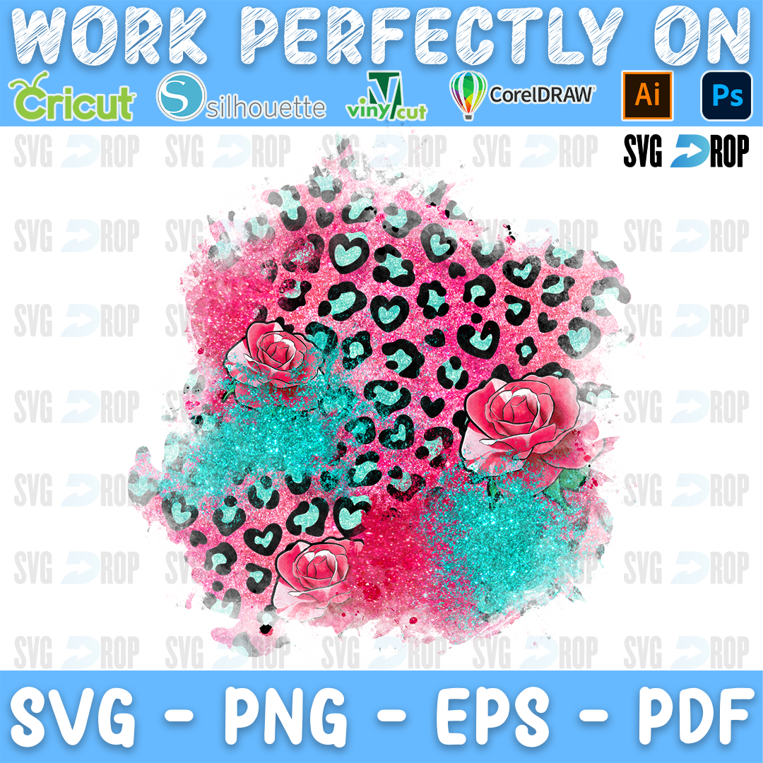 Valentines Day Pink Leopard Heart Patches Pink Roses Glitter PNG
