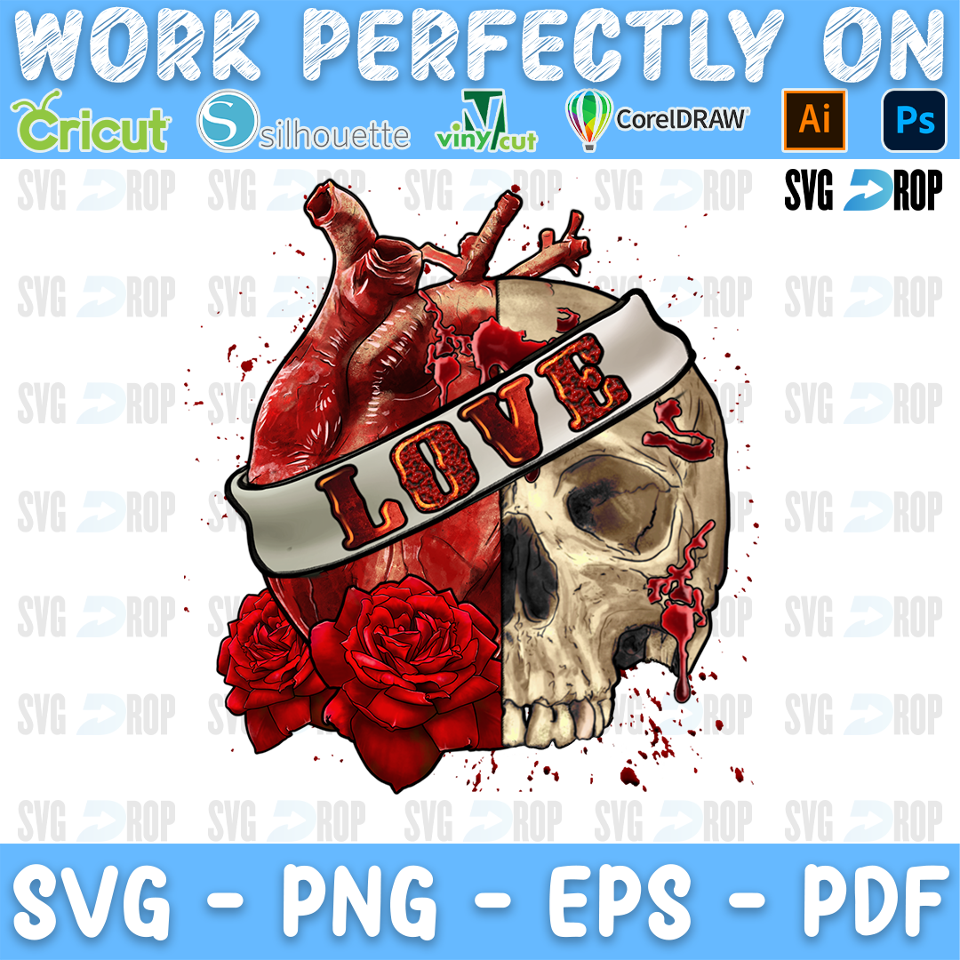 Half an anatomical heart and half a skull with a Love banner and red roses. Sublimation PNG