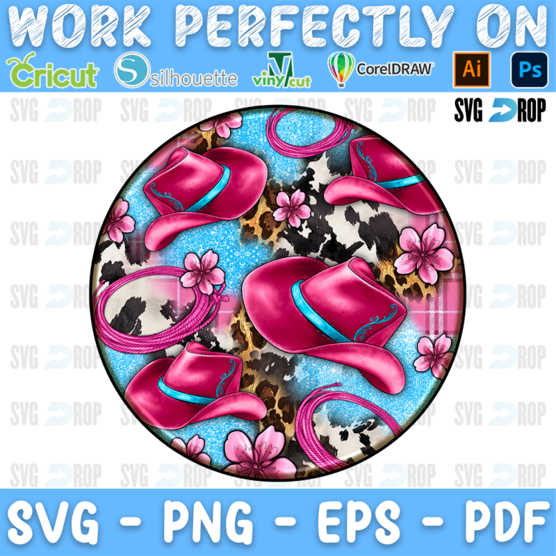 A round car coaster design in pink and blue: pink cowgirl hats with lassos and pink flowers over a blue glitter, cowhide and leopard. Sublimation PNG