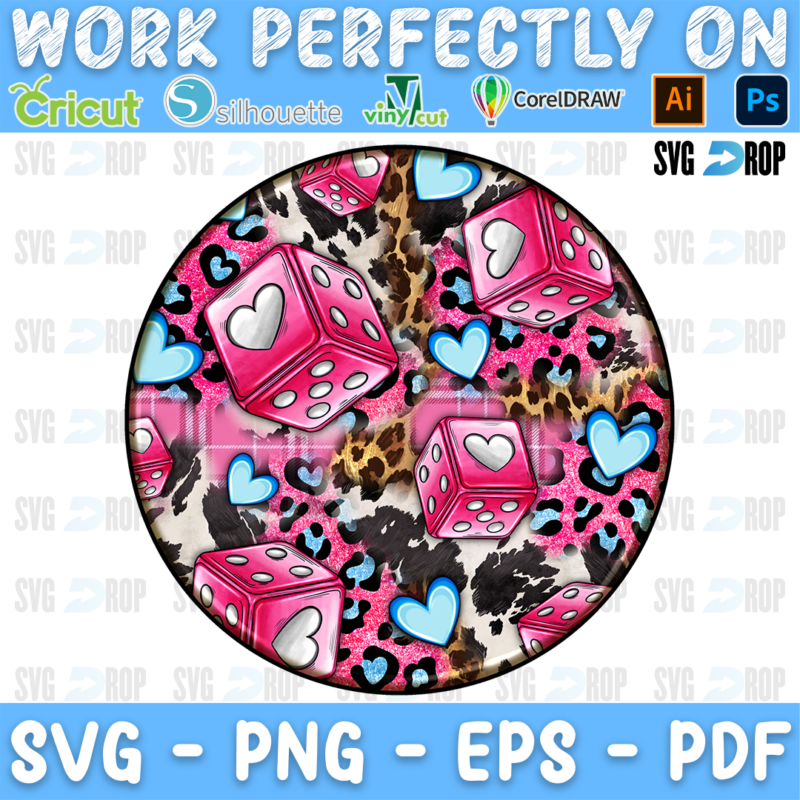 A round car coaster design: pink dice and blue and pink hearts scattered over a cowhide, leopard and pink glitter background. Sublimation PNG