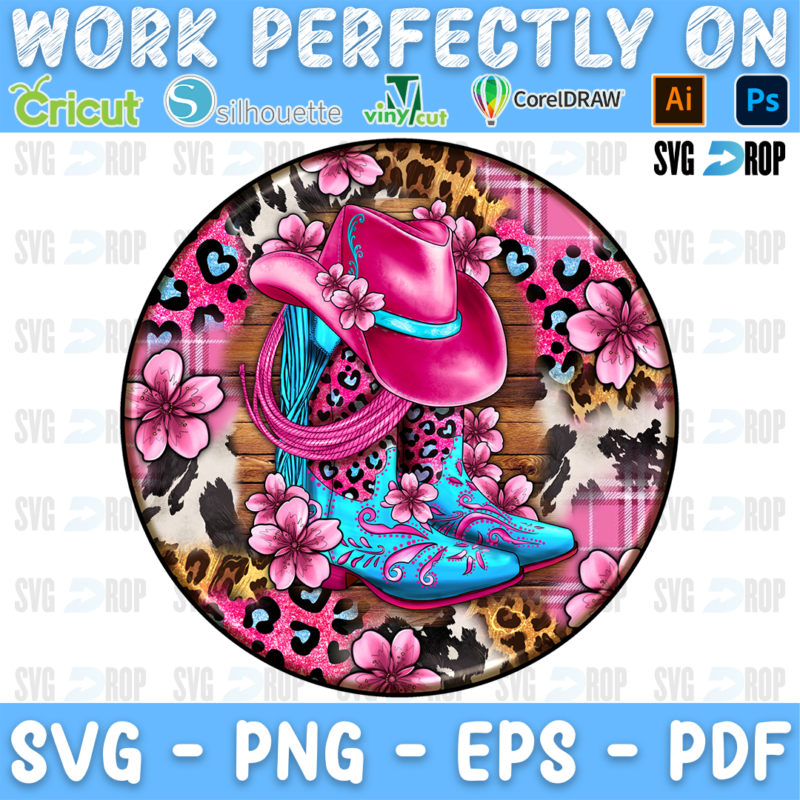 A round car coaster design: a pink cowgirl hat and blue cowgirl boots with pink flowers, over pink plaid, wood, leopard and cowhide. Sublimation PNG