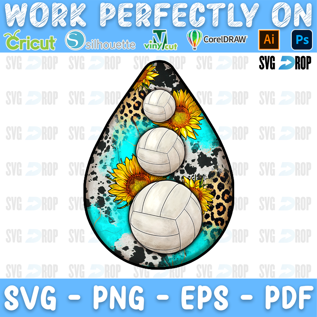 A teardrop car coaster with volleyballs, sunflowers, turquoise and cowhide. Sublimation PNG