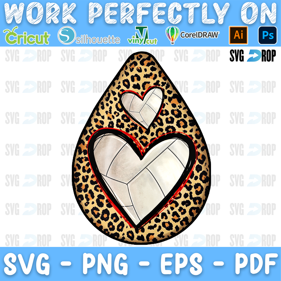 A teardrop car coaster with a volleyball heart, a small heart and leopard print. Sublimation PNG