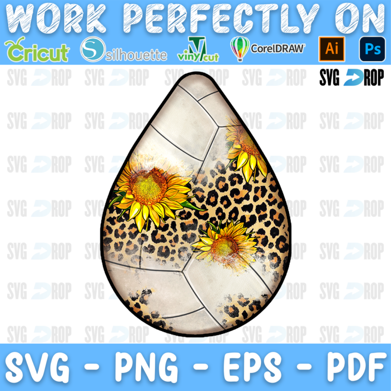 A teardrop car coaster with a volleyball, sunflowers and leopard print. Sublimation PNG