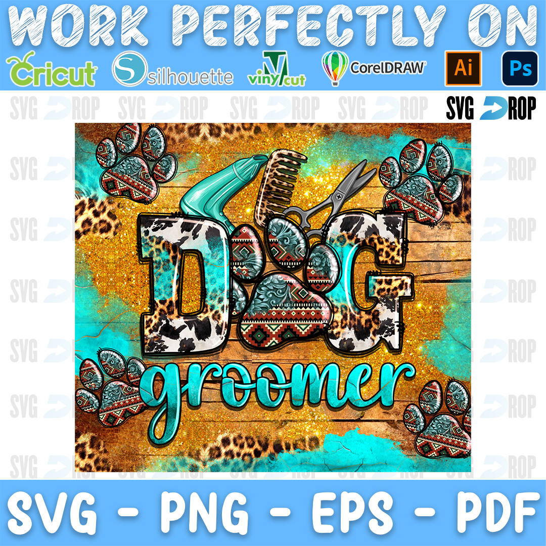 Dog Groomer lettering in cowhide and turquoise letters with a hair dryer, scissors and paw prints on gold and leopard. Sublimation PNG
