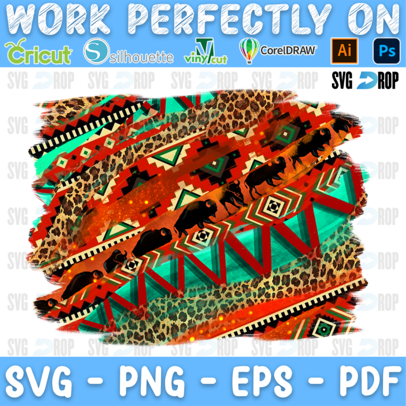 A western Aztec pattern in orange, turquoise and black with leopard print and buffalo silhouettes. Sublimation PNG