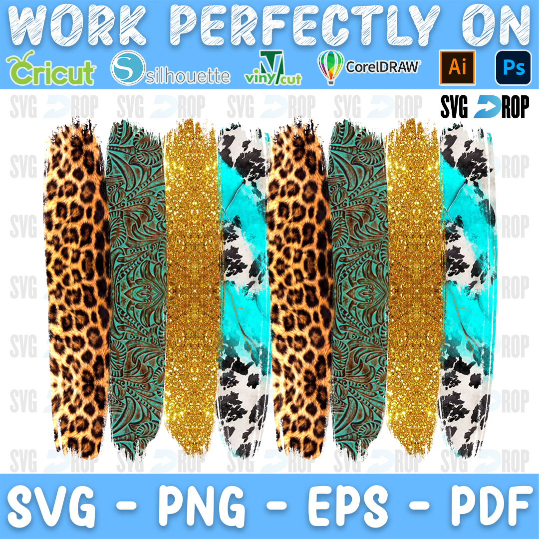 Leopard, turquoise tooled leather, gold glitter and cowhide brushstroke stripes. Sublimation PNG