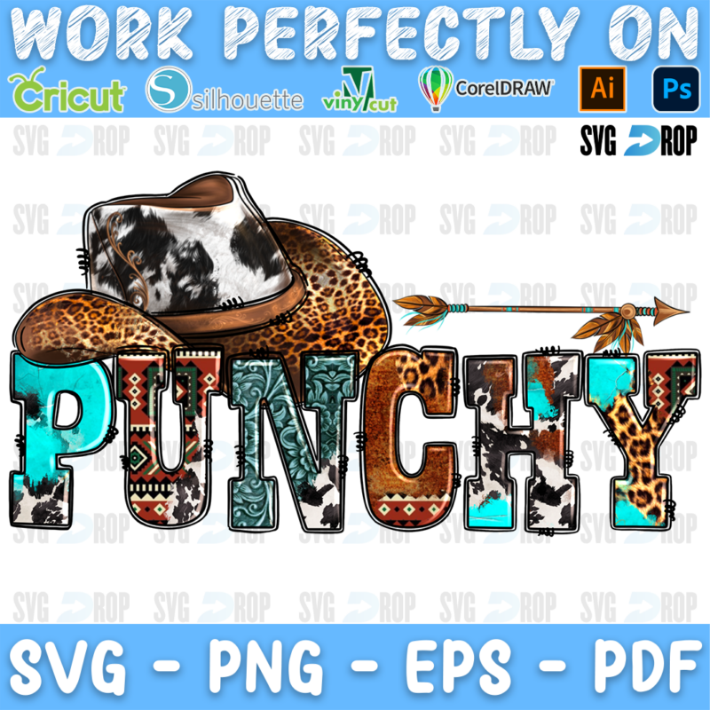 Punchy lettering in turquoise, tooled leather and cowhide letters under a leopard and cowhide cowboy hat with an arrow. Sublimation PNG
