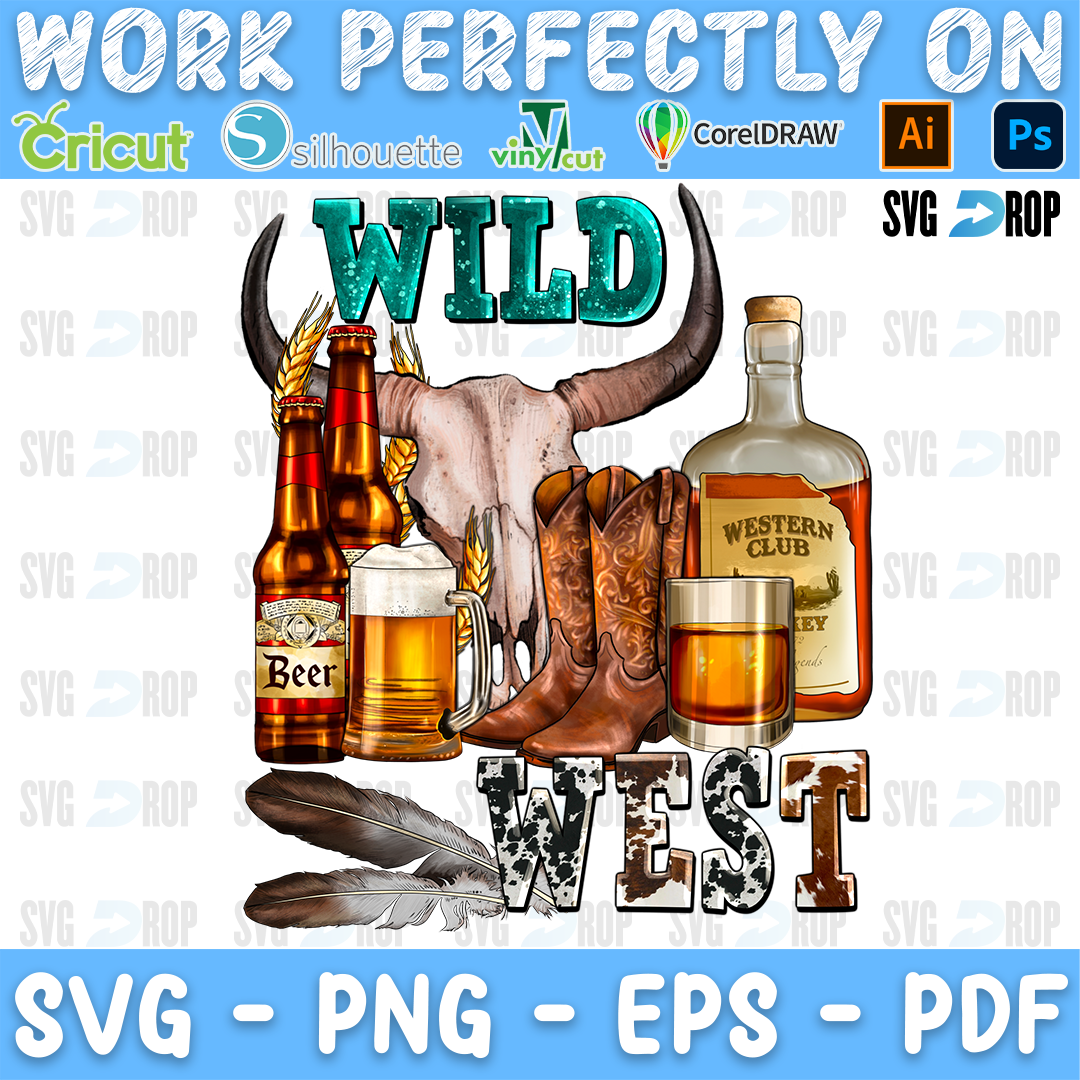 Wild West lettering in turquoise and cowhide letters with a bull skull, beer bottles, whiskey, cowboy boots and feathers. Sublimation PNG