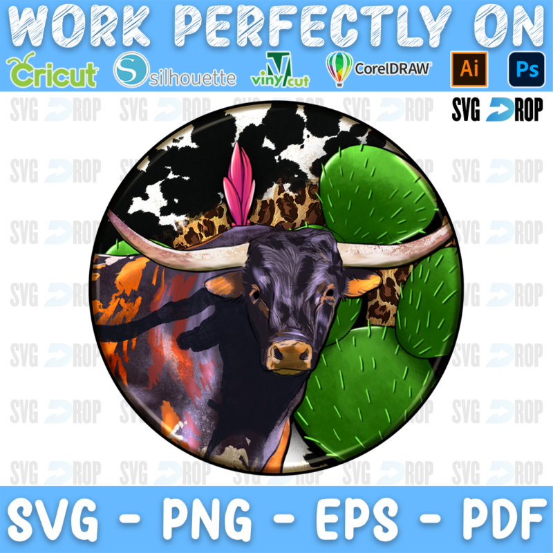 A round western farm animal car coaster design: a dark longhorn bull with a feather beside a green cactus, on a black and white. Sublimation PNG