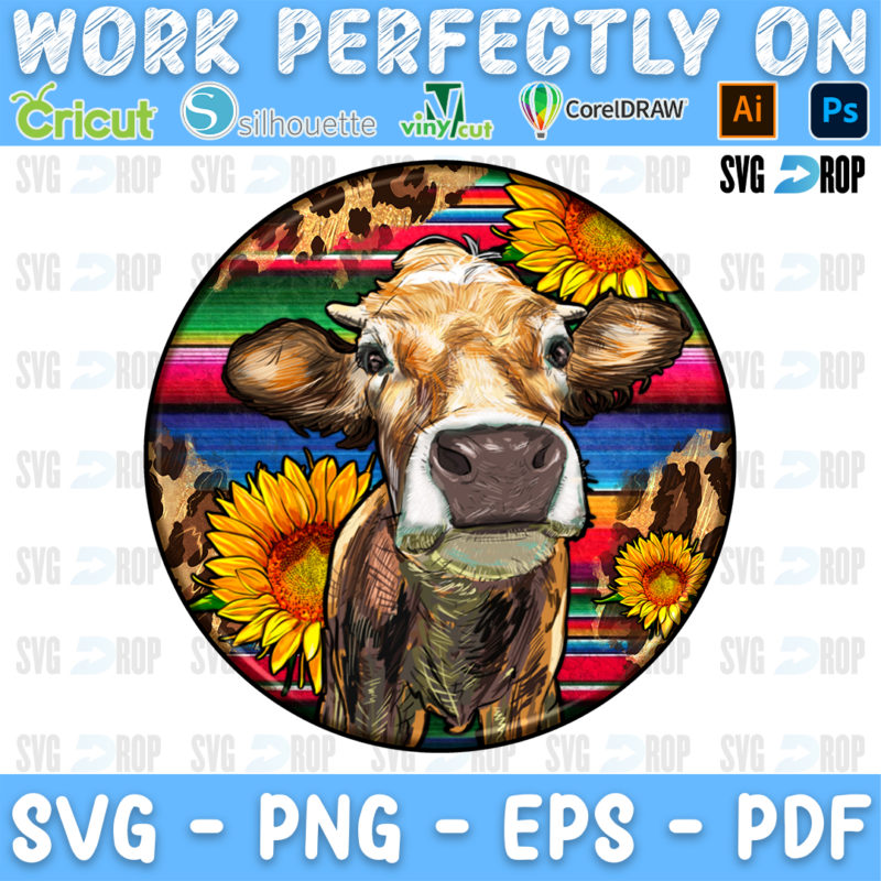 A round western farm animal car coaster design: a brown cow with sunflowers in front of colorful serape stripes and leopard print. Sublimation PNG