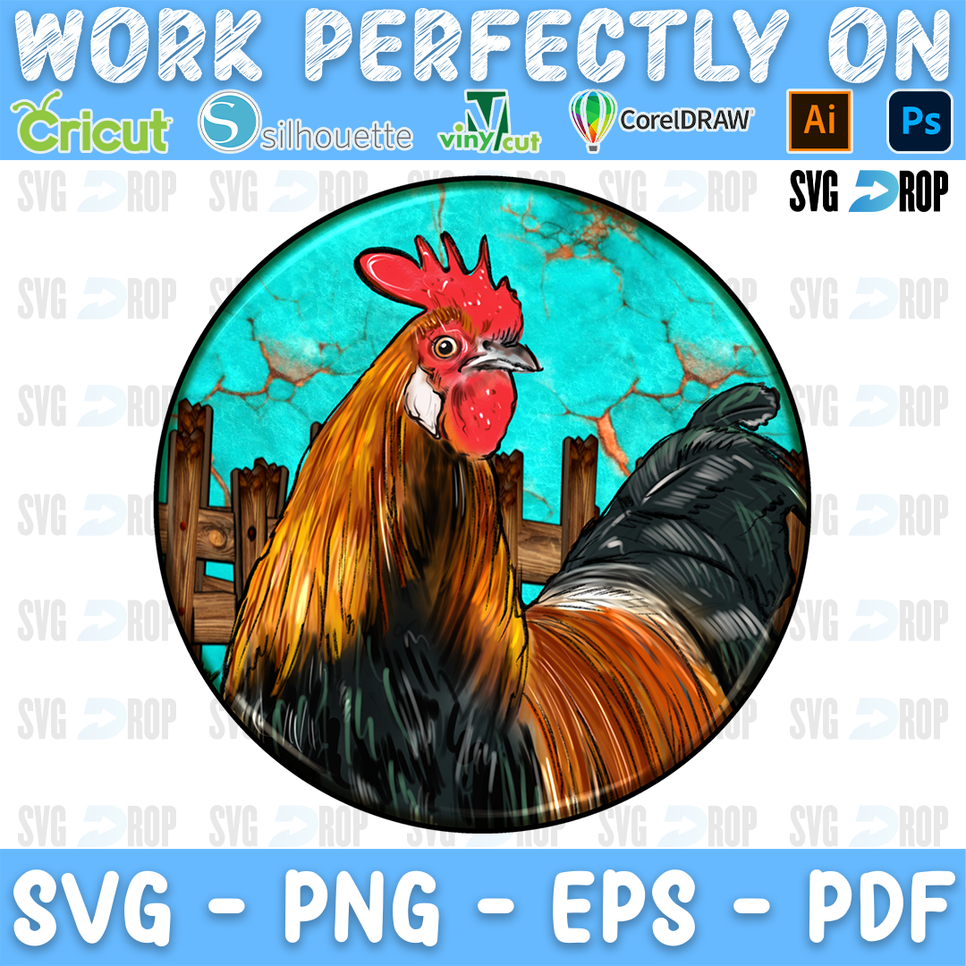 A round western farm animal car coaster design: a red and black rooster in front of a wooden fence and a turquoise stone background. Sublimation PNG