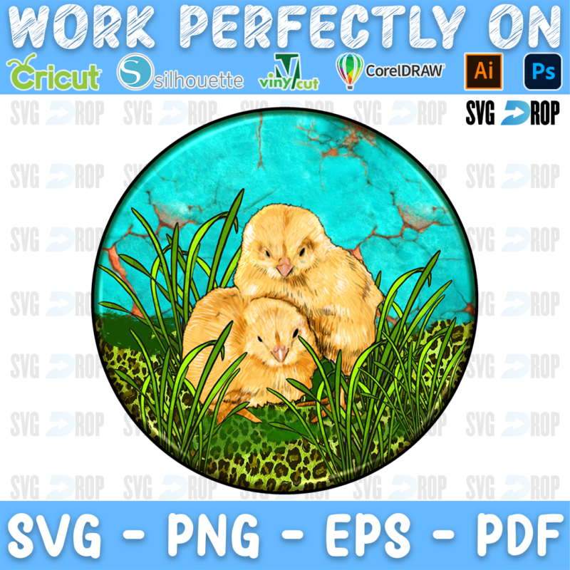 A round western farm animal car coaster design: yellow baby chicks in tall green grass under a turquoise stone sky, with leopard. Sublimation PNG