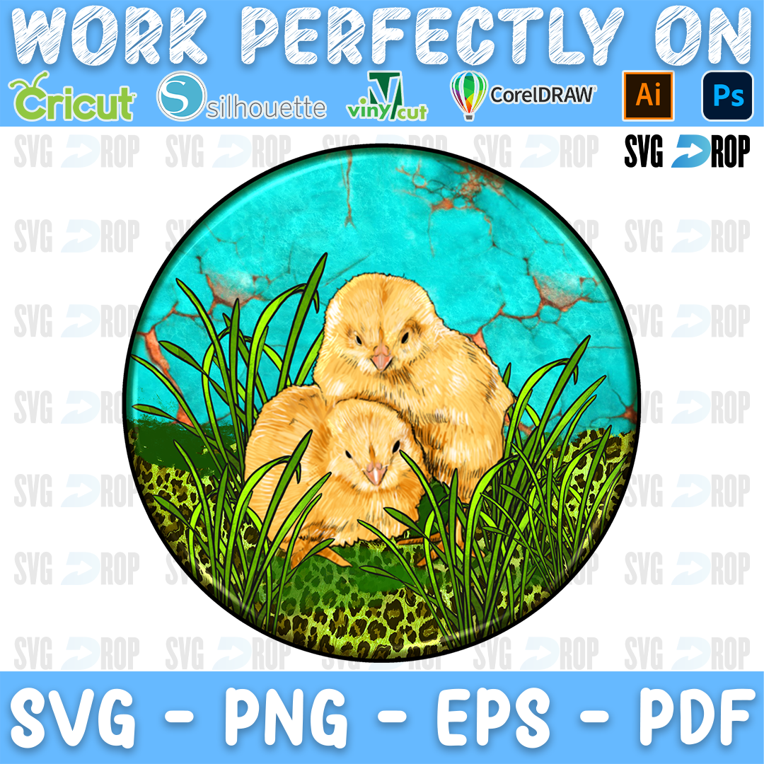 A round western farm animal car coaster design: yellow baby chicks in tall green grass under a turquoise stone sky, with leopard. Sublimation PNG
