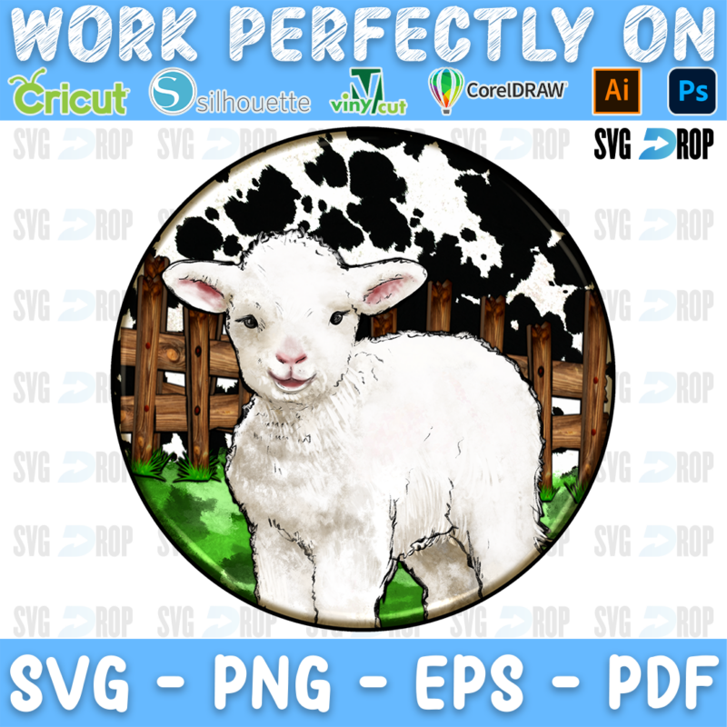 A round western farm animal car coaster design: a white lamb standing on grass in front of a wooden fence under a black and white. Sublimation PNG