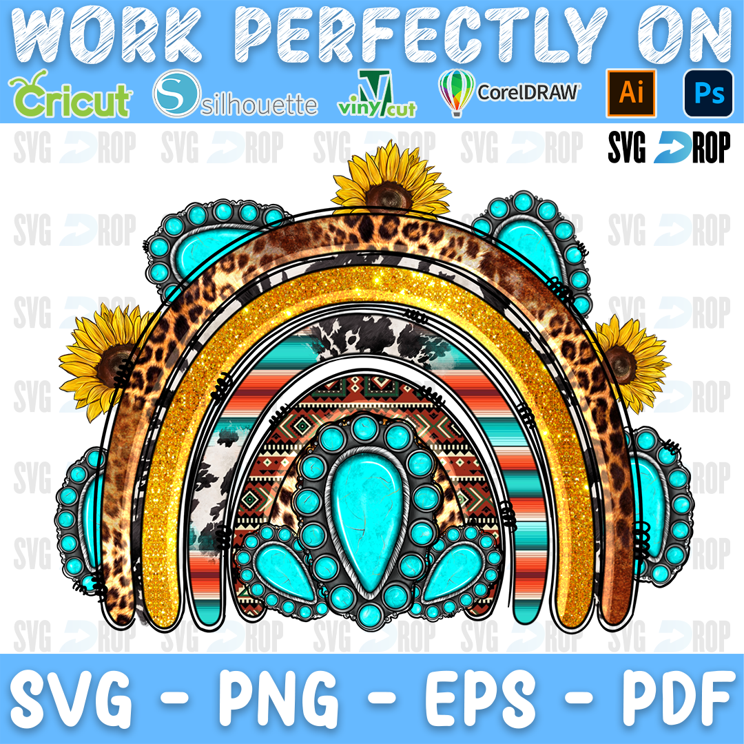 A leopard, gold glitter, serape and cowhide rainbow framed by turquoise gemstones and sunflowers. Sublimation PNG