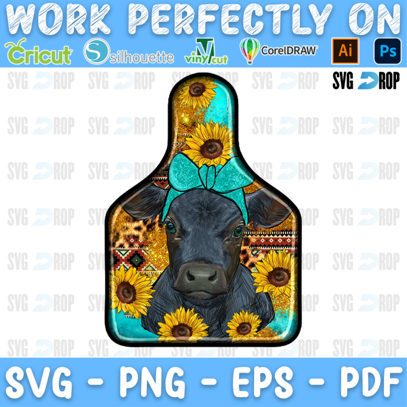 A western cow tag design: a black calf wearing a turquoise bandana bow, with sunflowers, leopard print, an aztec strip and turquoise. Sublimation PNG