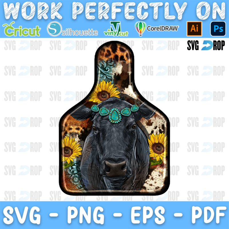 A western cow tag design: a black cow wearing a turquoise stone headband, with sunflowers, leopard print, cowhide and turquoise. Sublimation PNG