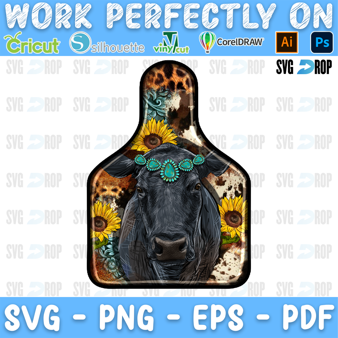 A western cow tag design: a black cow wearing a turquoise stone headband, with sunflowers, leopard print, cowhide and turquoise. Sublimation PNG