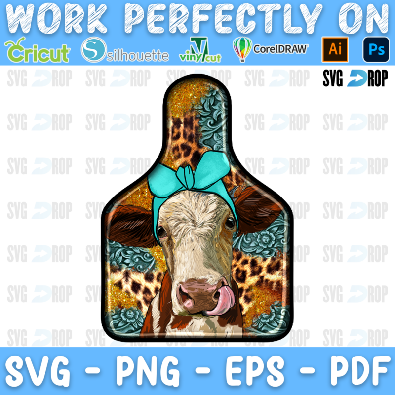 A western cow tag design: a red and white Hereford heifer with a turquoise bow licking its nose, with leopard print, cowhide. Sublimation PNG