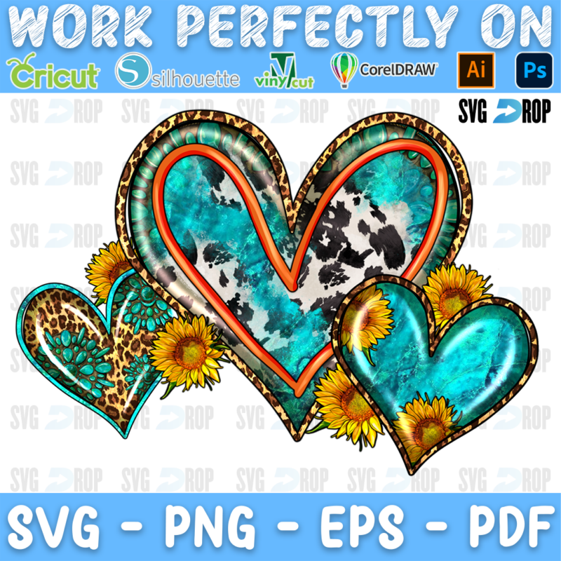 Three hearts in turquoise, cowhide and leopard print with orange outlines and sunflowers. Sublimation PNG