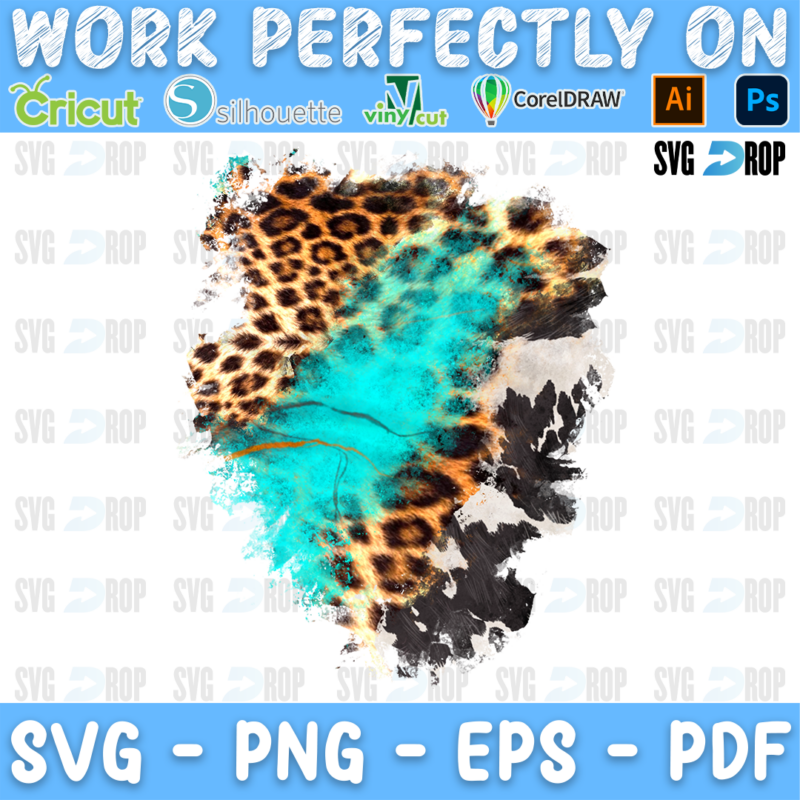 A western background patch with distressed edges, mixing turquoise paint, leopard print and black and white cowhide, with a diagonal. Sublimation PNG