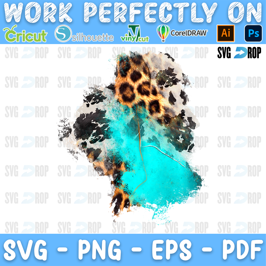 A western background patch with distressed edges, mixing turquoise paint, leopard print and black and white cowhide, with leopard. Sublimation PNG
