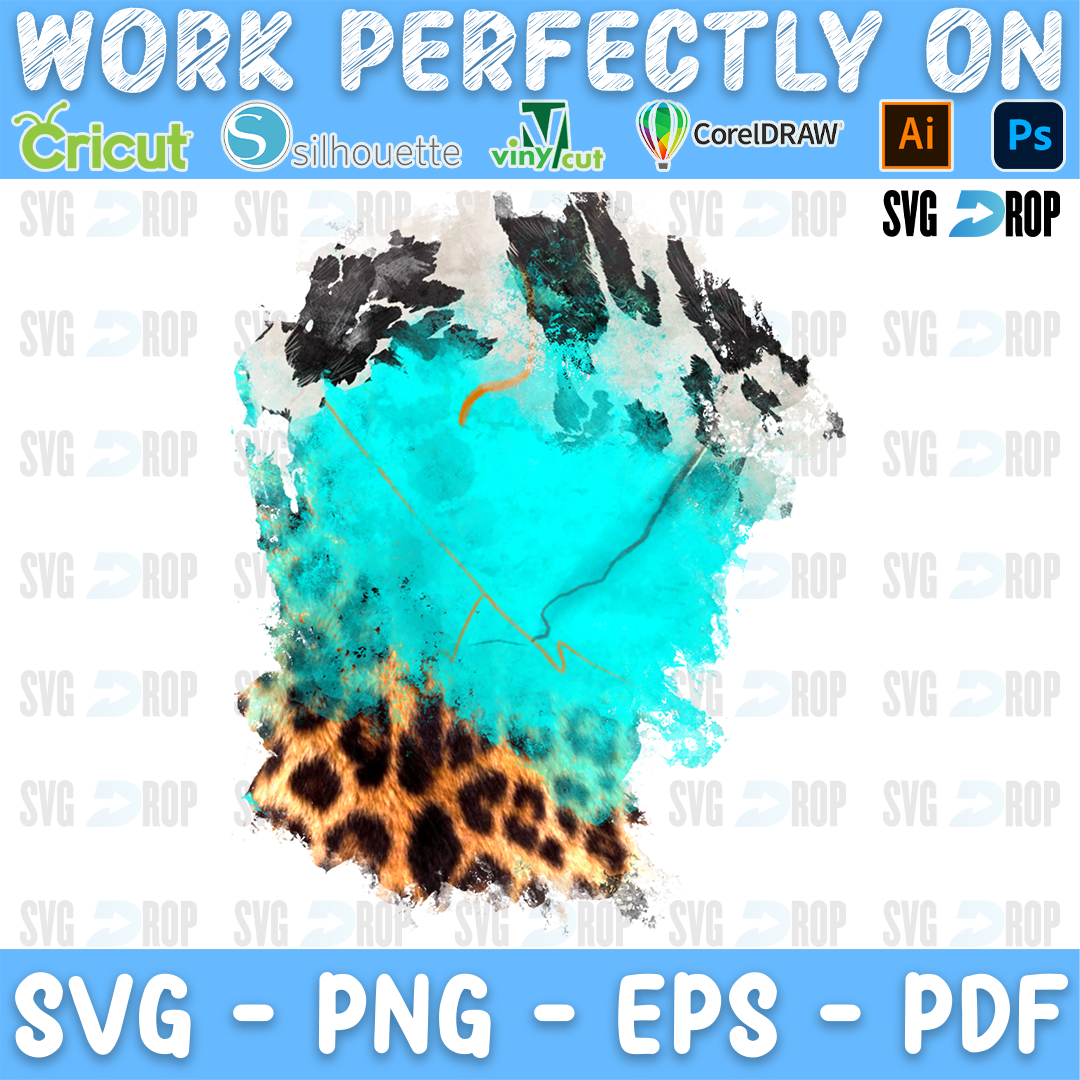 A western background patch with distressed edges, mixing turquoise paint, leopard print and black and white cowhide, with turquoise. Sublimation PNG