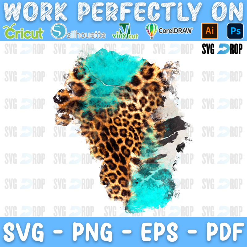 A western background patch with distressed edges, mixing turquoise paint, leopard print and black and white cowhide, mostly leopard. Sublimation PNG