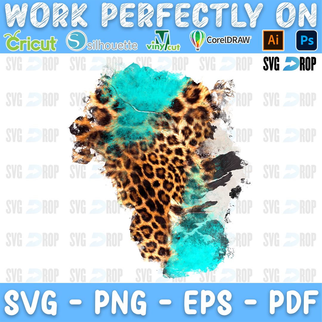 A western background patch with distressed edges, mixing turquoise paint, leopard print and black and white cowhide, mostly leopard. Sublimation PNG