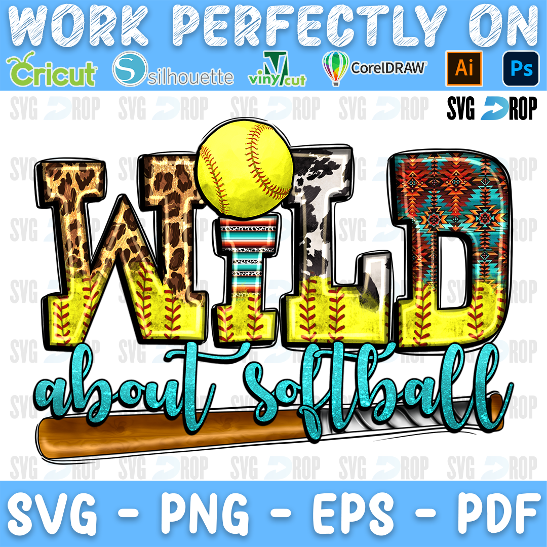 Wild About Softball lettering in leopard, softball, cowhide and serape letters with turquoise script, a softball and a bat. Sublimation PNG